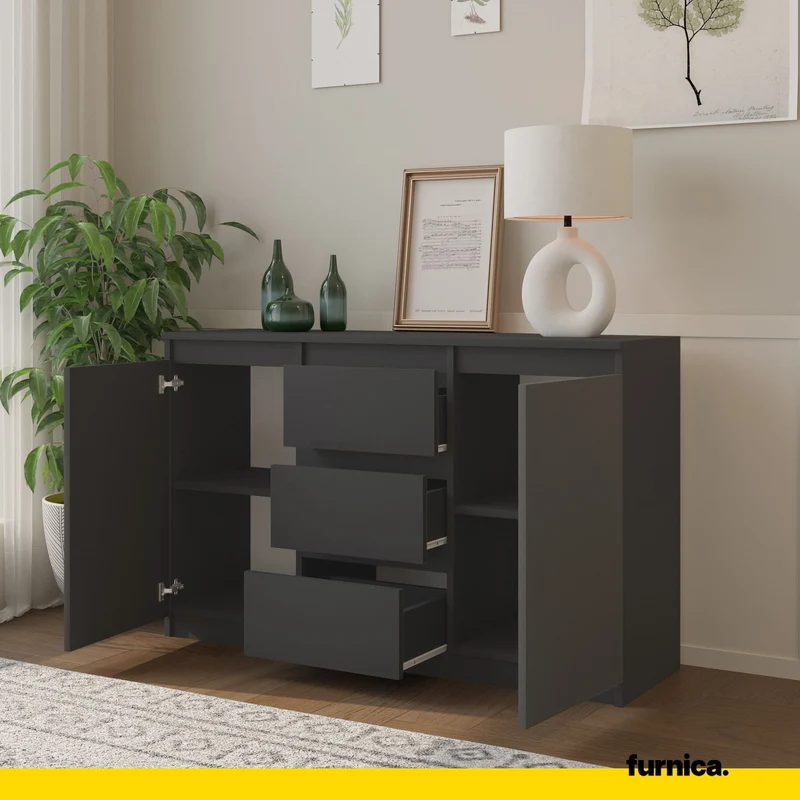 MIKEL - Commode 3 Tiroirs et 2 Portes - Armoire de Rangement pour Couloir/Chambre à Coucher - Buffet - H75cm L120cm P35cm (Anthracite)