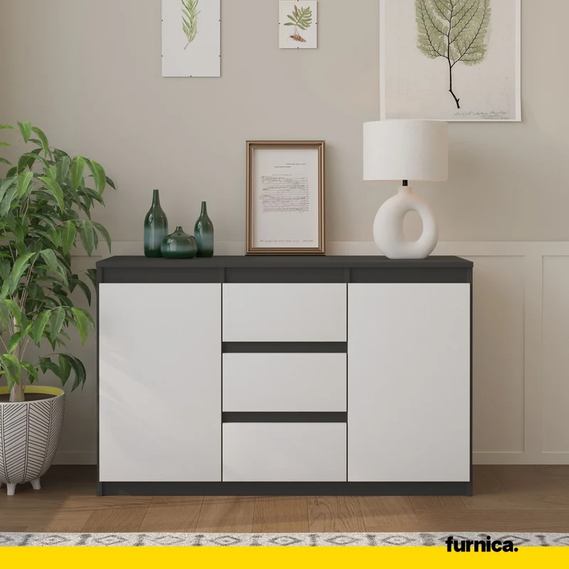 MIKEL - Commode 3 Tiroirs et 2 Portes - Armoire de Rangement pour Couloir/Chambre à Coucher - Buffet - H75cm L120cm P35cm (Anthracite/Blanc)