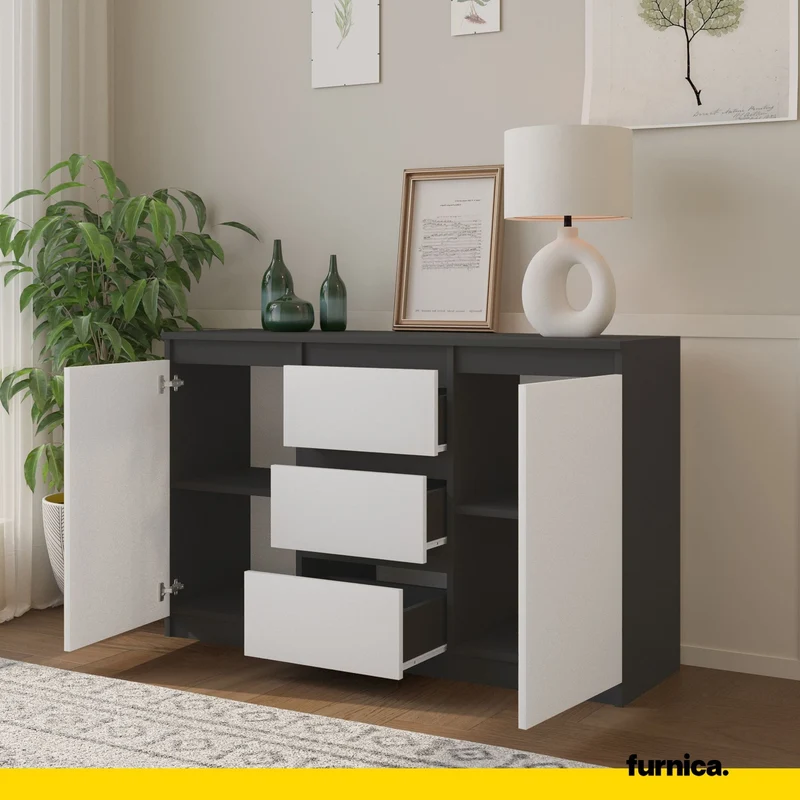 MIKEL - Commode 3 Tiroirs et 2 Portes - Armoire de Rangement pour Couloir/Chambre à Coucher - Buffet - H75cm L120cm P35cm (Anthracite/Blanc)
