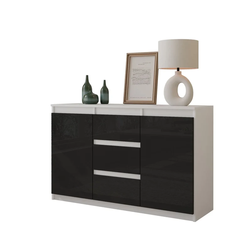 MIKEL - Commode 3 Tiroirs et 2 Portes - Armoire de Rangement pour Couloir/Chambre à Coucher - Buffet - H75cm L120cm P35cm (Blanc/Noir Brillant)