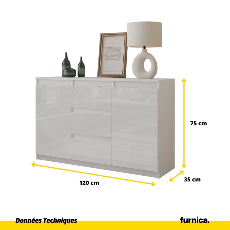MIKEL - Commode 3 Tiroirs et 2 Portes - Armoire de Rangement pour Couloir/Chambre à Coucher - Buffet - H75cm L120cm P35cm (Blanc Mat/Blanc Brillant)