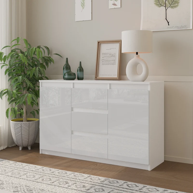 MIKEL - Commode 3 Tiroirs et 2 Portes - Armoire de Rangement pour Couloir/Chambre à Coucher - Buffet - H75cm L120cm P35cm (Blanc Mat/Blanc Brillant)