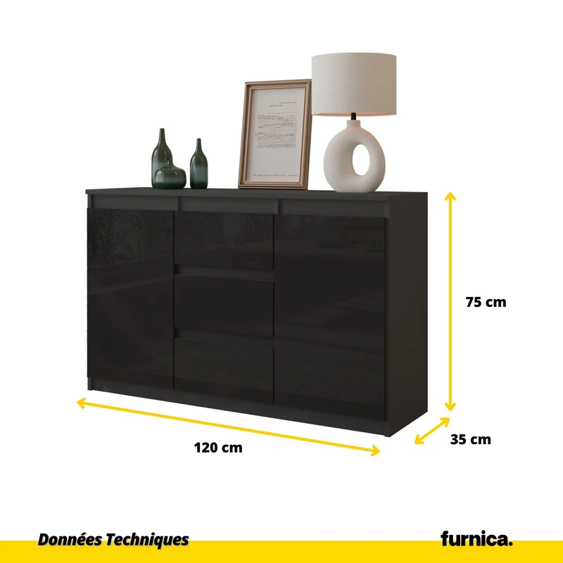 MIKEL - Commode 3 Tiroirs et 2 Portes - Armoire de Rangement pour Couloir/Chambre à Coucher - Buffet - H75cm L120cm P35cm (Anthracite/Noir Brillant)