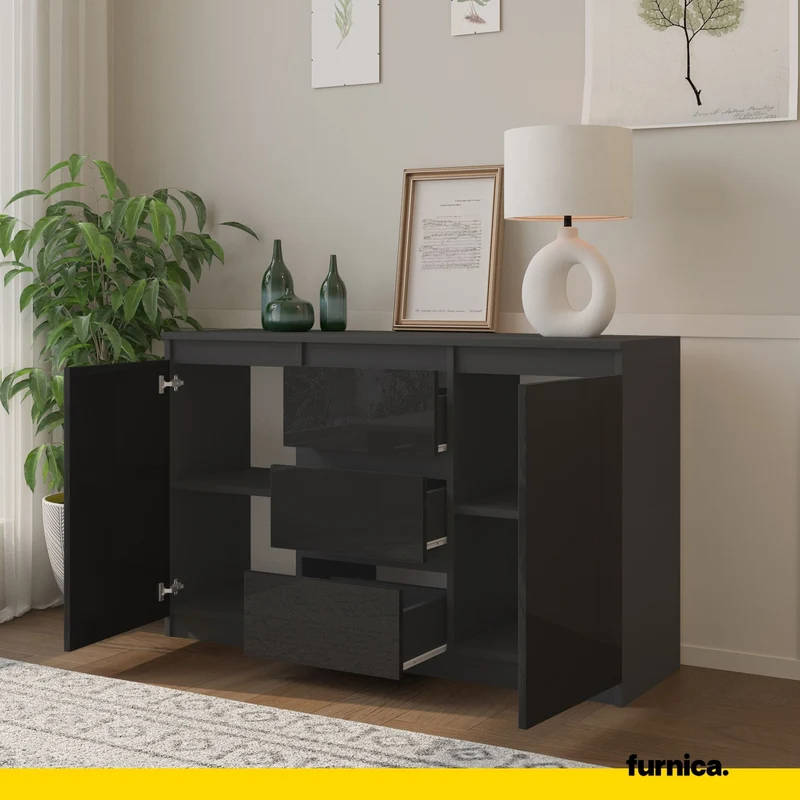 MIKEL - Commode 3 Tiroirs et 2 Portes - Armoire de Rangement pour Couloir/Chambre à Coucher - Buffet - H75cm L120cm P35cm (Anthracite/Noir Brillant)