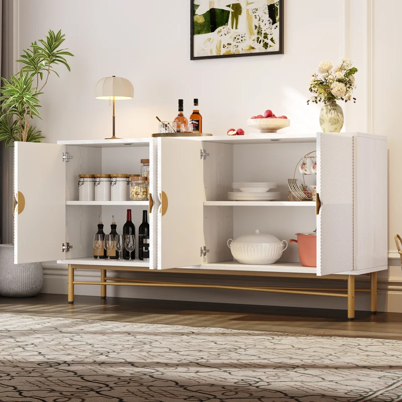 Buffet blanc motifs striés géométriques 4 portes, pieds dorés ALUMINUMBOX