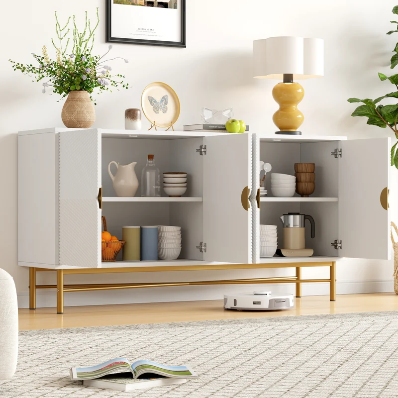Buffet blanc motifs striés géométriques 4 portes, pieds dorés ALUMINUMBOX