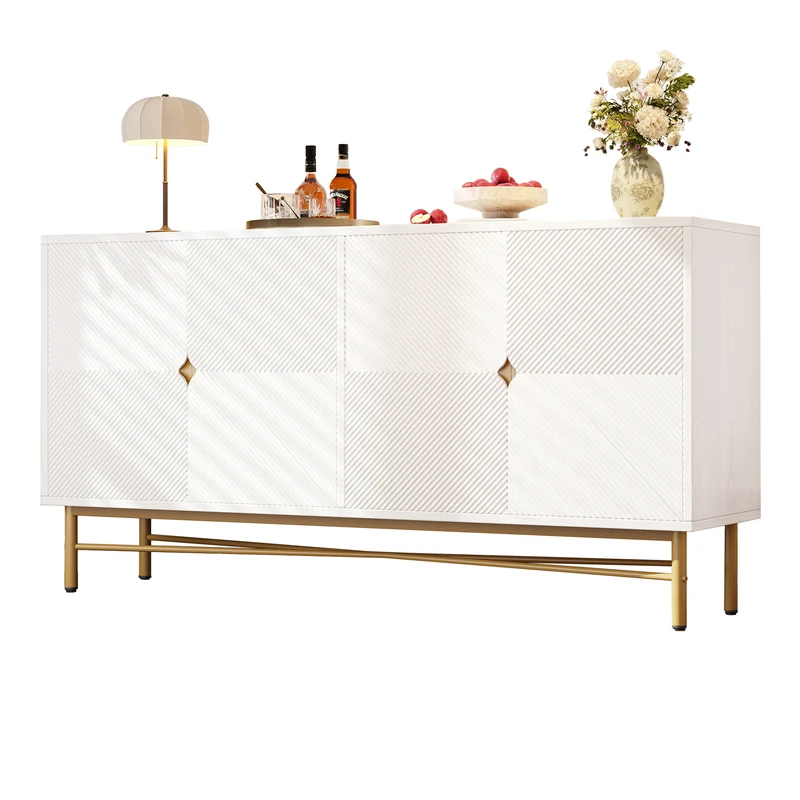 Buffet blanc motifs striés géométriques 4 portes, pieds dorés ALUMINUMBOX