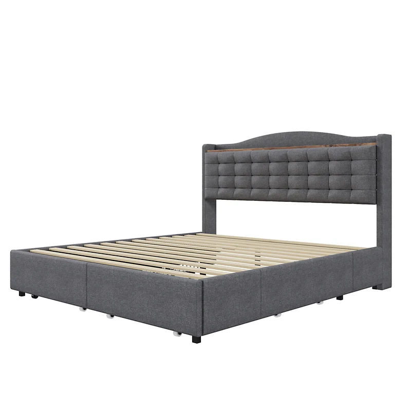 Lit king lin gris rembourré 4 tiroirs avec 2 prises USB (160*200 cm) EMPHUT DARK GREY KING
