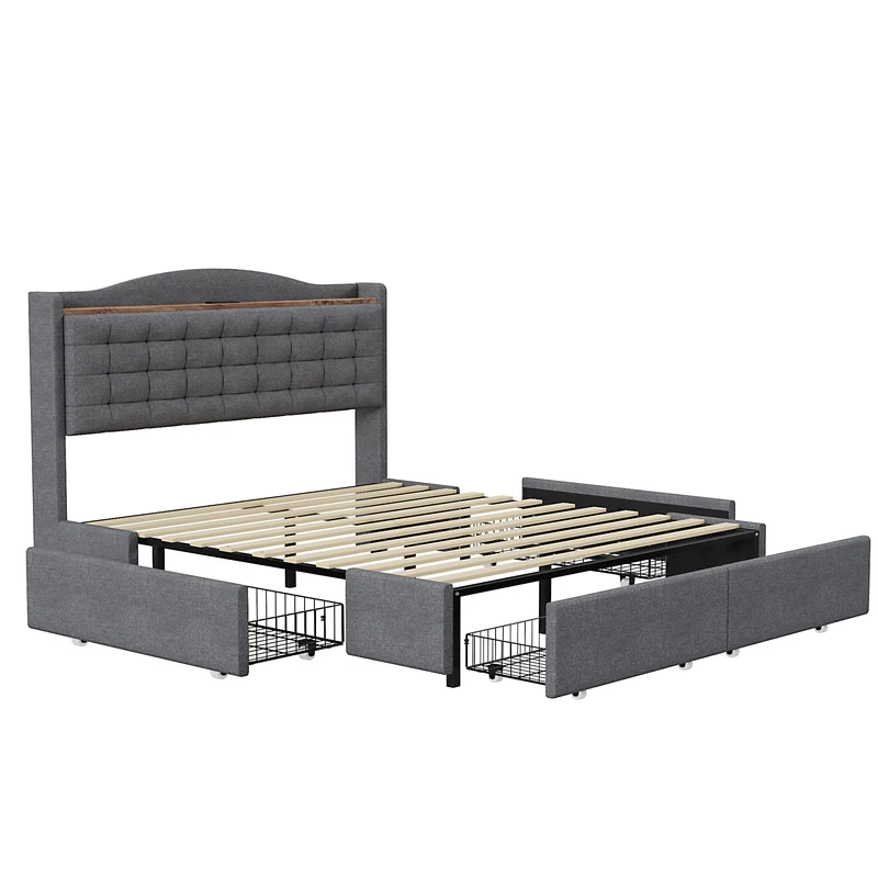 Lit king lin gris rembourré 4 tiroirs avec 2 prises USB (160*200 cm) EMPHUT DARK GREY KING