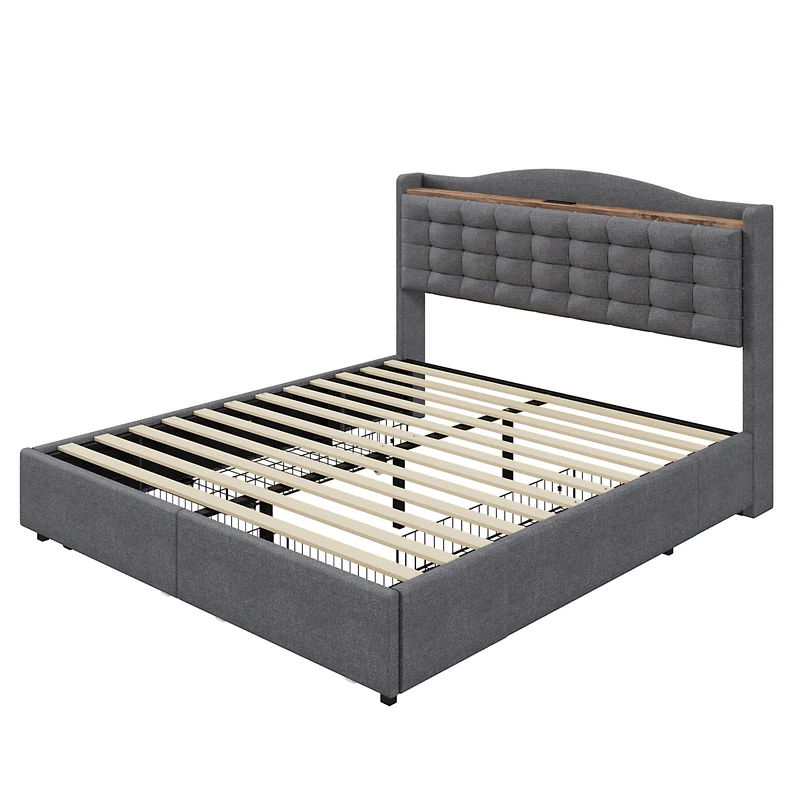 Lit king lin gris rembourré 4 tiroirs avec 2 prises USB (160*200 cm) EMPHUT DARK GREY KING