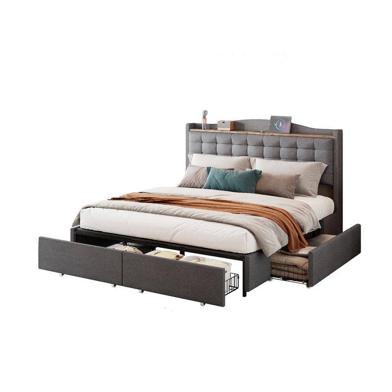 Lit king lin gris rembourré 4 tiroirs avec 2 prises USB (160*200 cm) EMPHUT DARK GREY KING
