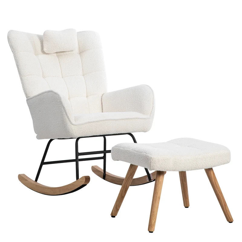 Fauteuil à bascule tissu bouclette blanc 1 oreiller et 1 repose-pieds KEVUINS