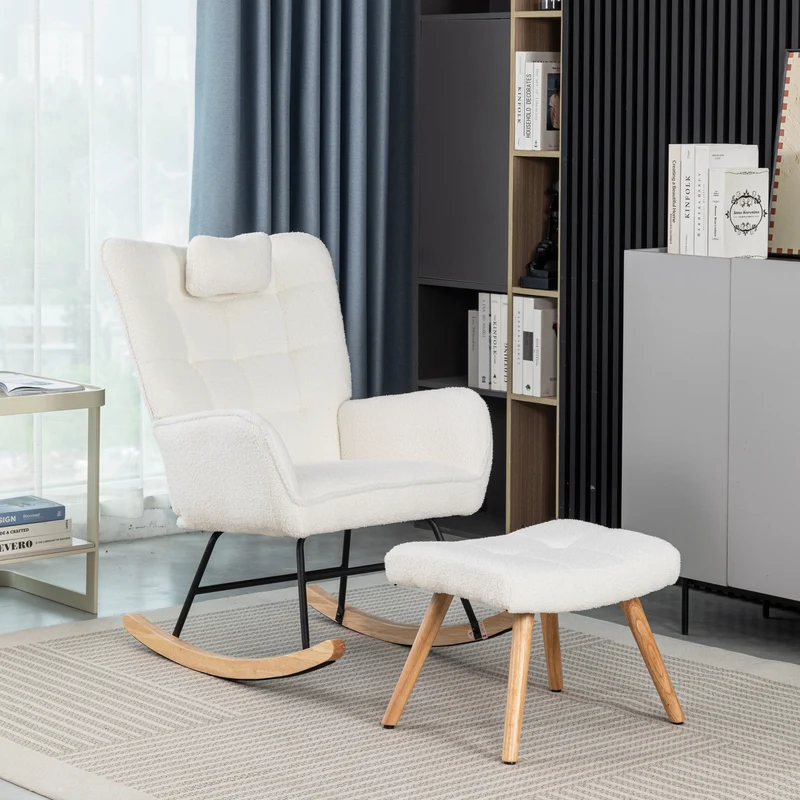 Fauteuil à bascule tissu bouclette blanc 1 oreiller et 1 repose-pieds KEVUINS