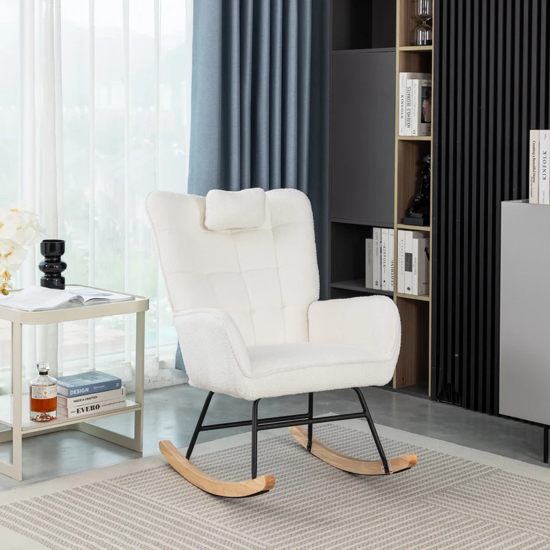 Fauteuil à bascule tissu bouclette blanc 1 oreiller et 1 repose-pieds KEVUINS