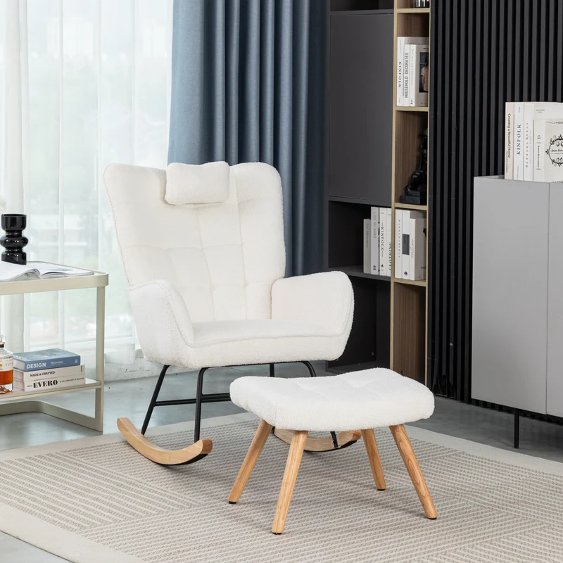 Fauteuil à bascule tissu bouclette blanc 1 oreiller et 1 repose-pieds KEVUINS