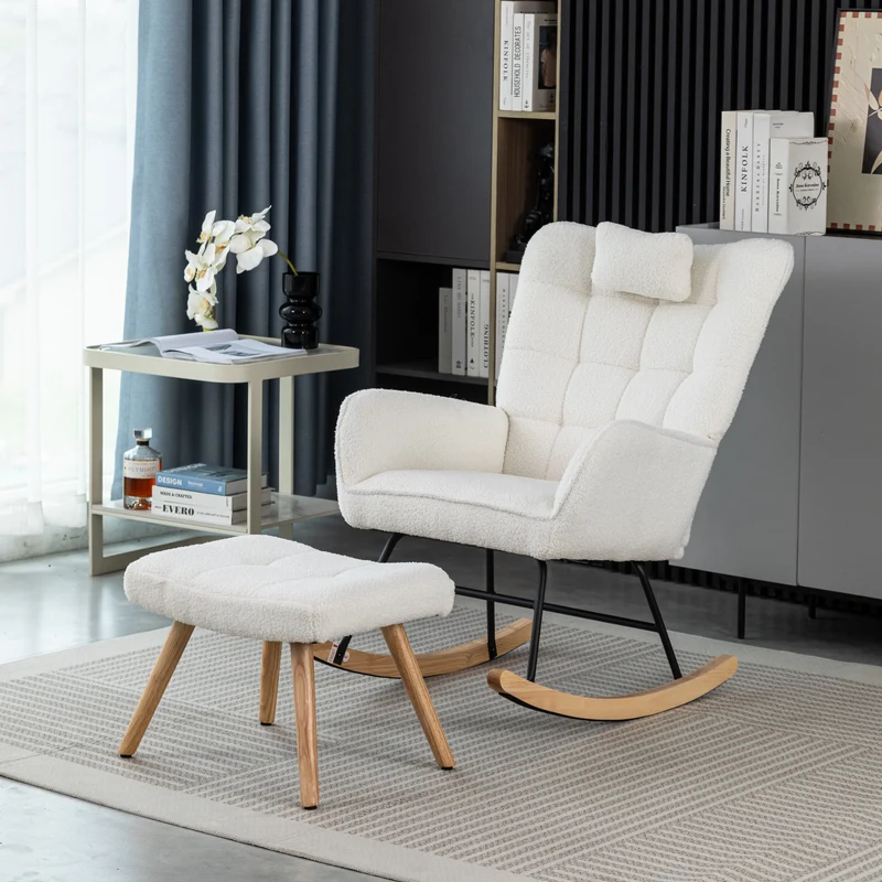 Fauteuil à bascule tissu bouclette blanc 1 oreiller et 1 repose-pieds KEVUINS