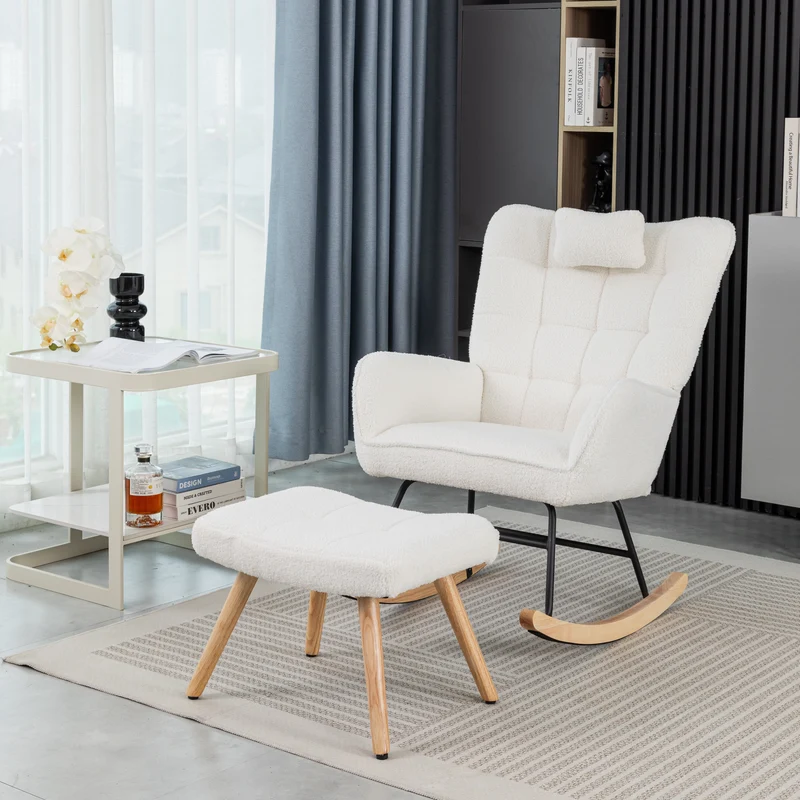 Fauteuil à bascule tissu bouclette blanc 1 oreiller et 1 repose-pieds KEVUINS