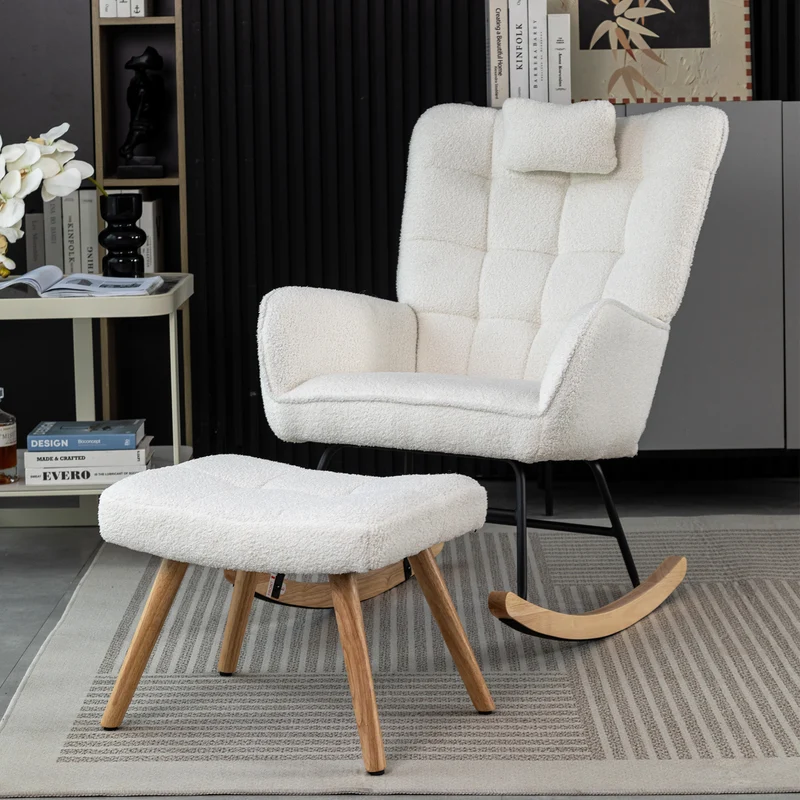 Fauteuil à bascule tissu bouclette blanc 1 oreiller et 1 repose-pieds KEVUINS