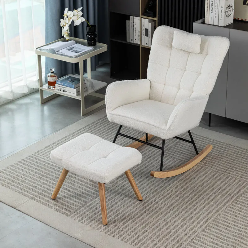 Fauteuil à bascule tissu bouclette blanc 1 oreiller et 1 repose-pieds KEVUINS