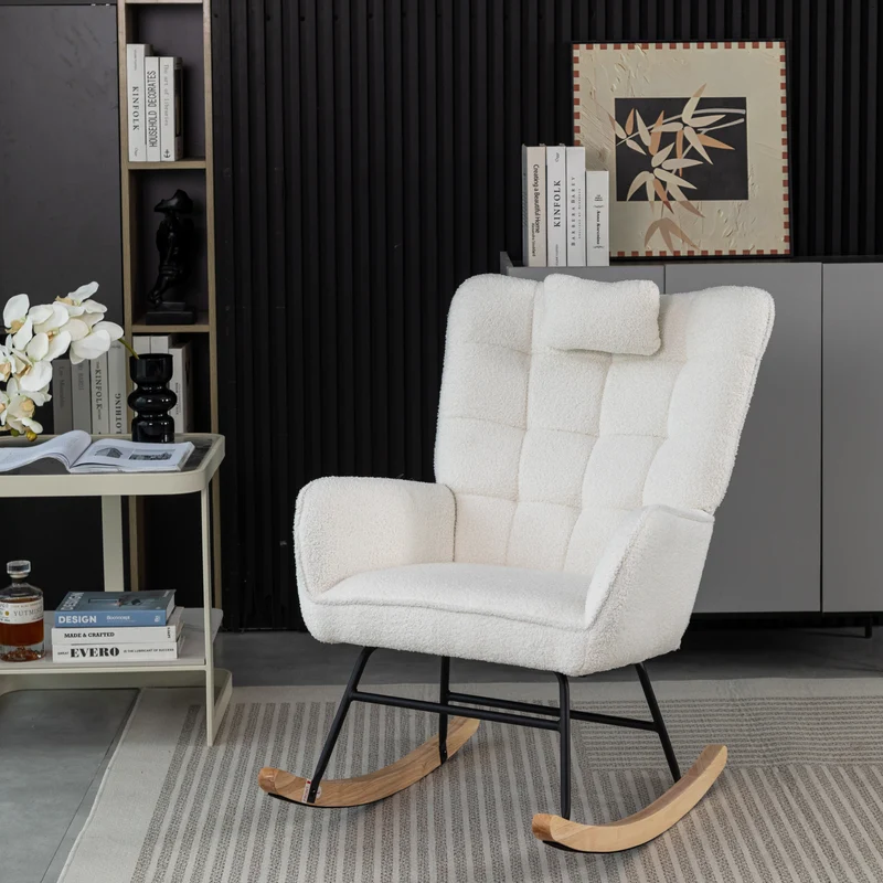 Fauteuil à bascule tissu bouclette blanc 1 oreiller et 1 repose-pieds KEVUINS