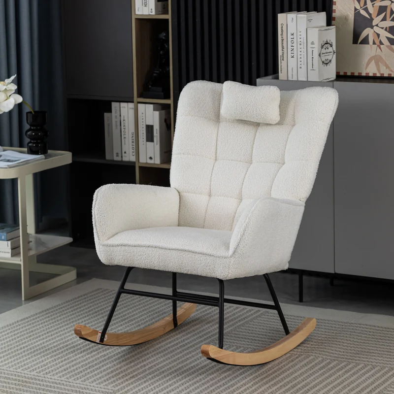 Fauteuil à bascule tissu bouclette blanc 1 oreiller et 1 repose-pieds KEVUINS