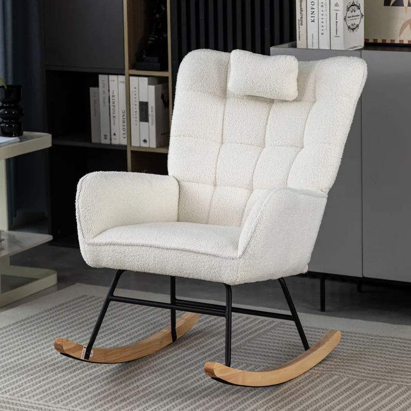 Fauteuil à bascule tissu bouclette blanc 1 oreiller et 1 repose-pieds KEVUINS