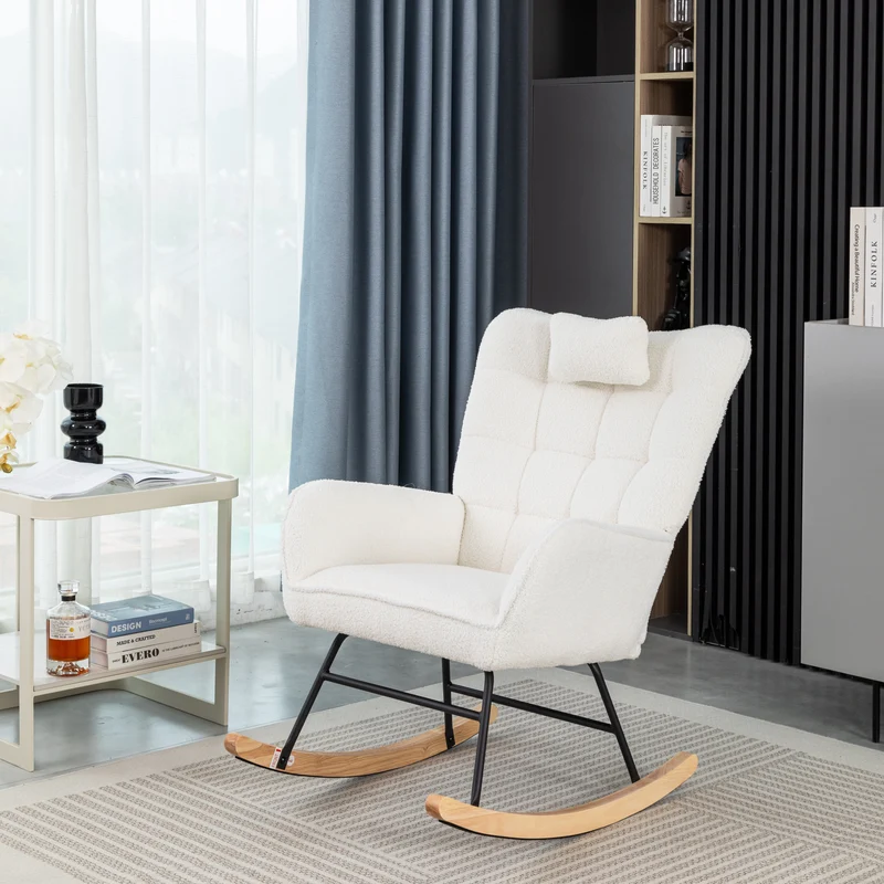 Fauteuil à bascule tissu bouclette blanc 1 oreiller et 1 repose-pieds KEVUINS