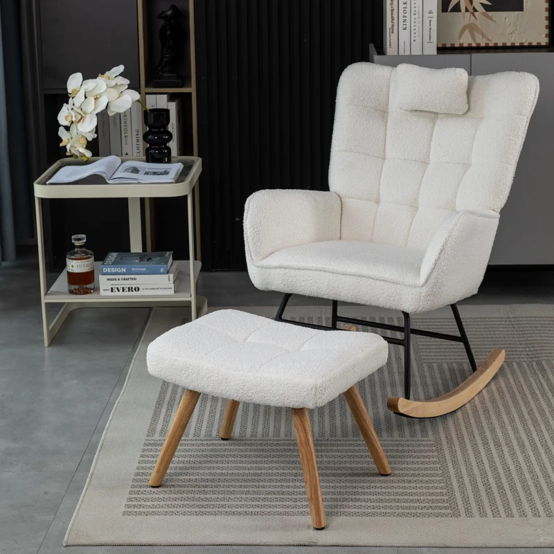 Fauteuil à bascule tissu bouclette blanc 1 oreiller et 1 repose-pieds KEVUINS