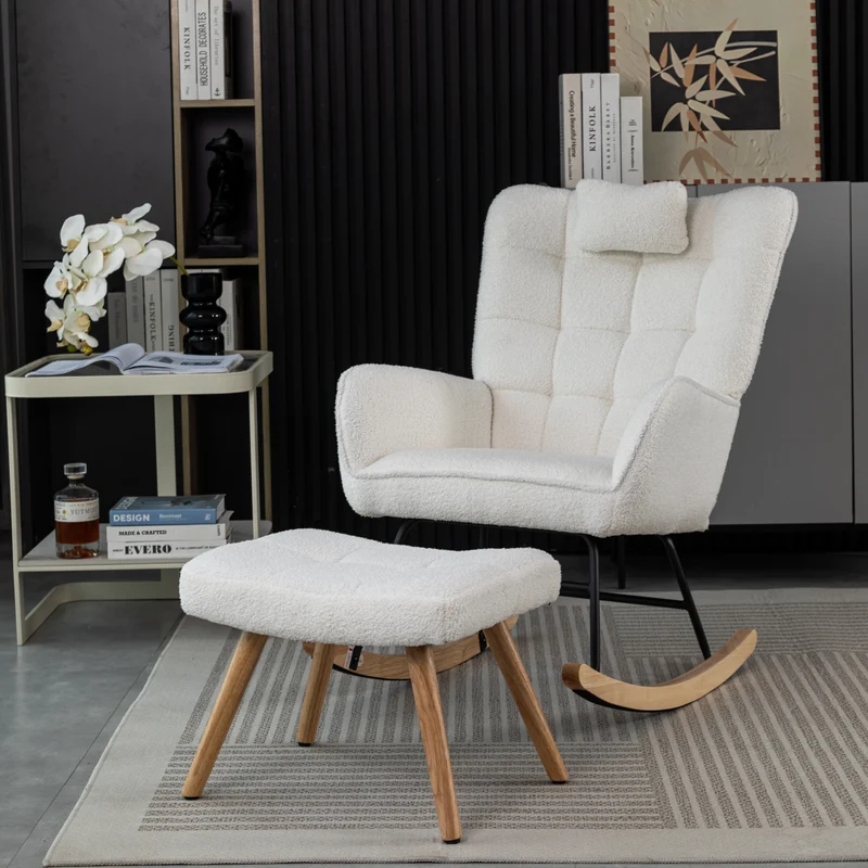 Fauteuil à bascule tissu bouclette blanc 1 oreiller et 1 repose-pieds KEVUINS