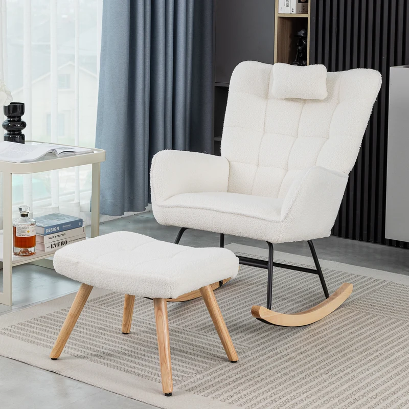 Fauteuil à bascule tissu bouclette blanc 1 oreiller et 1 repose-pieds KEVUINS