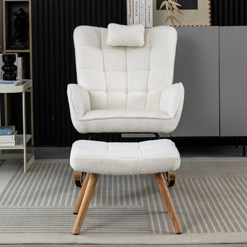 Fauteuil à bascule tissu bouclette blanc 1 oreiller et 1 repose-pieds KEVUINS