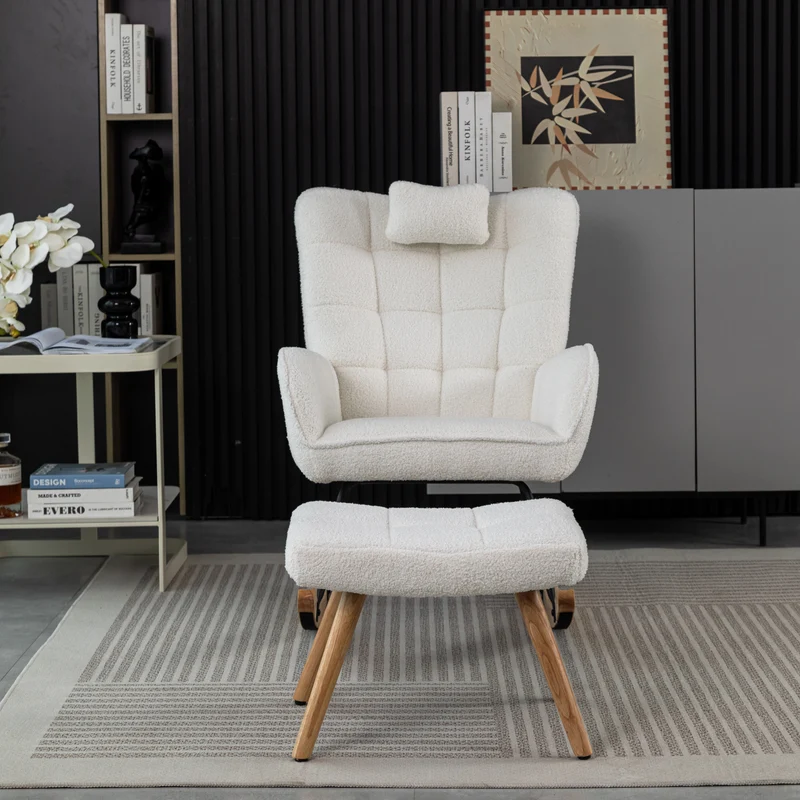Fauteuil à bascule tissu bouclette blanc 1 oreiller et 1 repose-pieds KEVUINS