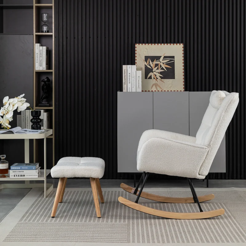 Fauteuil à bascule tissu bouclette blanc 1 oreiller et 1 repose-pieds KEVUINS