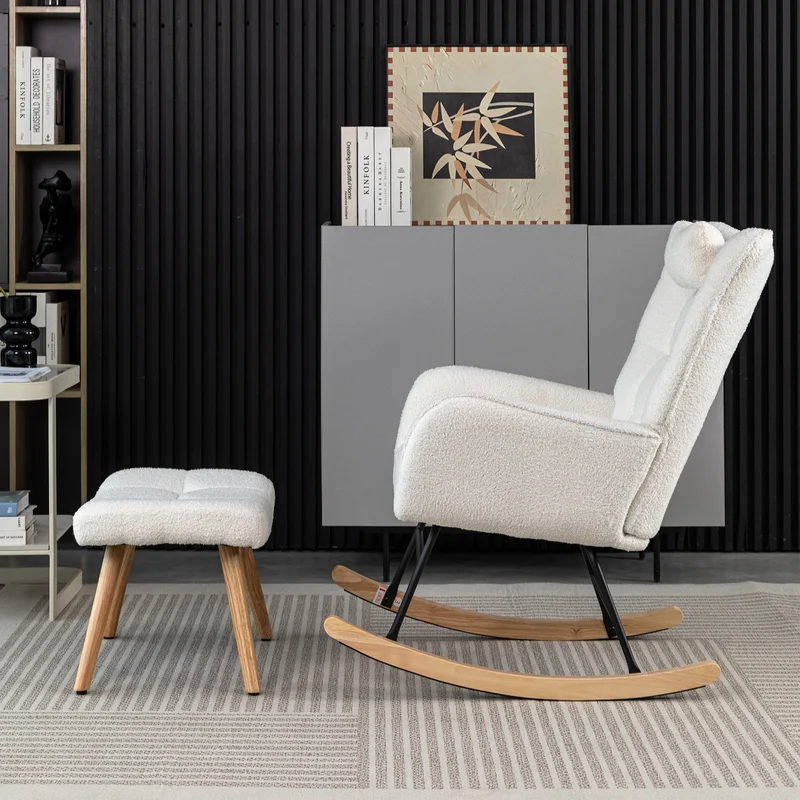 Fauteuil à bascule tissu bouclette blanc 1 oreiller et 1 repose-pieds KEVUINS