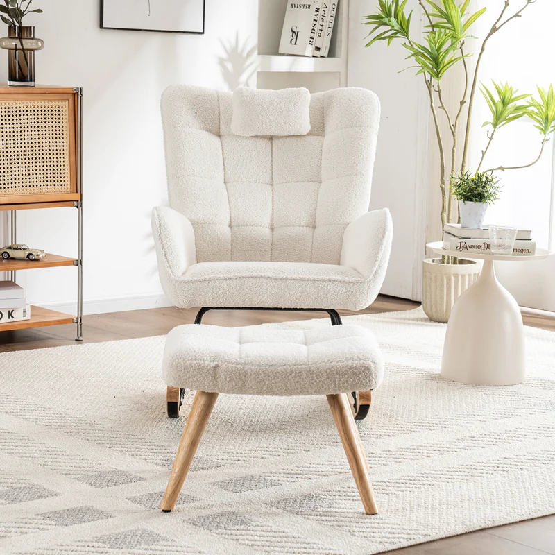 Fauteuil à bascule tissu bouclette blanc 1 oreiller et 1 repose-pieds KEVUINS