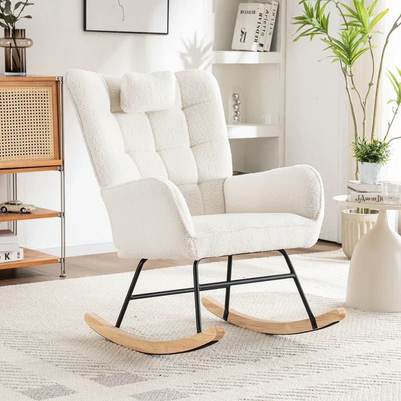 Fauteuil à bascule tissu bouclette blanc 1 oreiller et 1 repose-pieds KEVUINS
