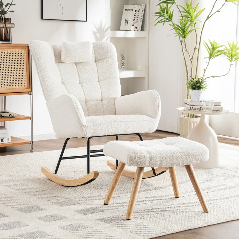 Fauteuil à bascule tissu bouclette blanc 1 oreiller et 1 repose-pieds KEVUINS
