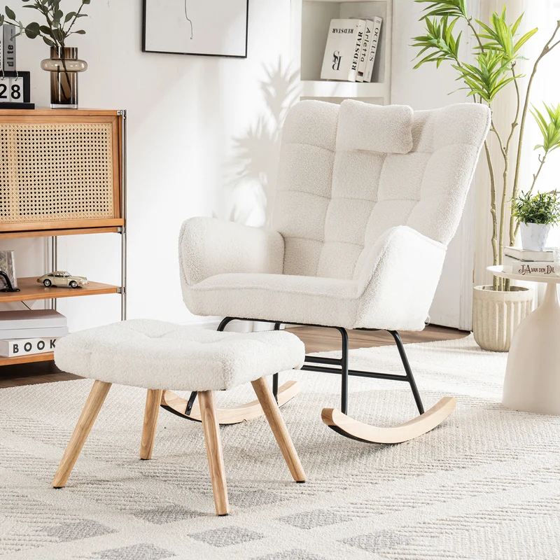 Fauteuil à bascule tissu bouclette blanc 1 oreiller et 1 repose-pieds KEVUINS