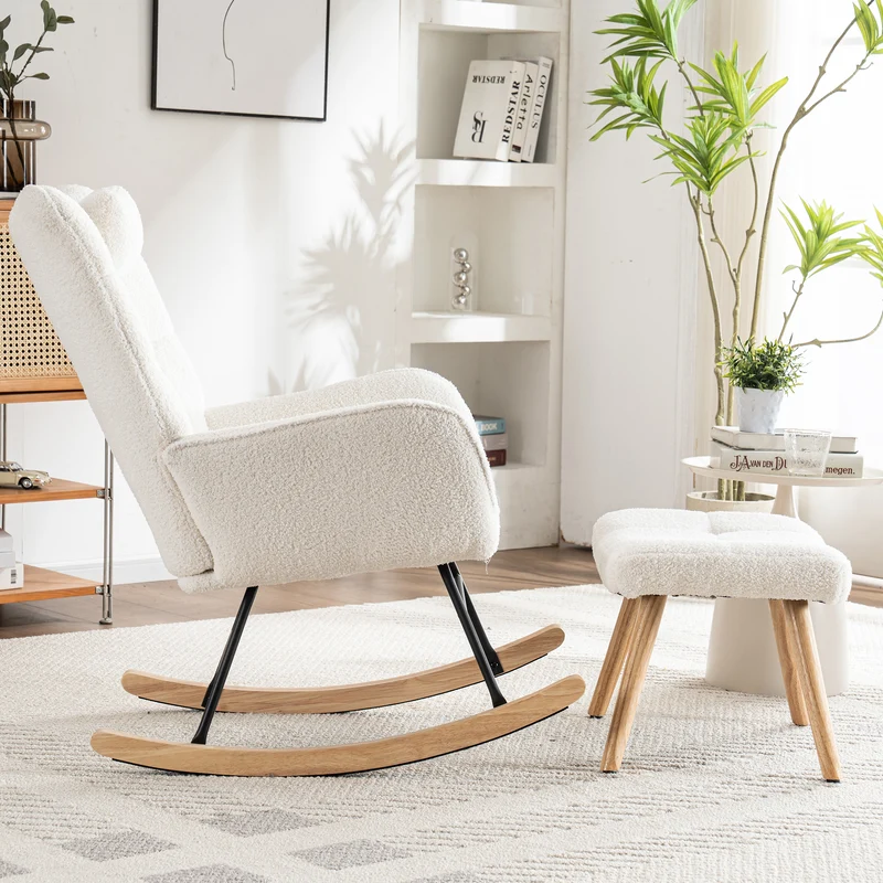 Fauteuil à bascule tissu bouclette blanc 1 oreiller et 1 repose-pieds KEVUINS