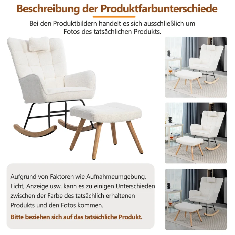 Fauteuil à bascule tissu bouclette blanc 1 oreiller et 1 repose-pieds KEVUINS