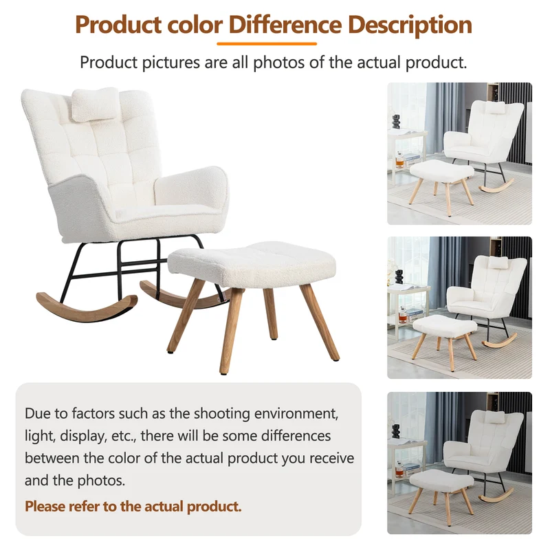 Fauteuil à bascule tissu bouclette blanc 1 oreiller et 1 repose-pieds KEVUINS