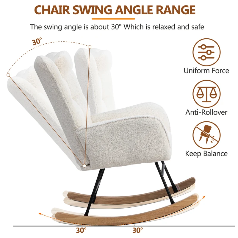 Fauteuil à bascule tissu bouclette blanc 1 oreiller et 1 repose-pieds KEVUINS
