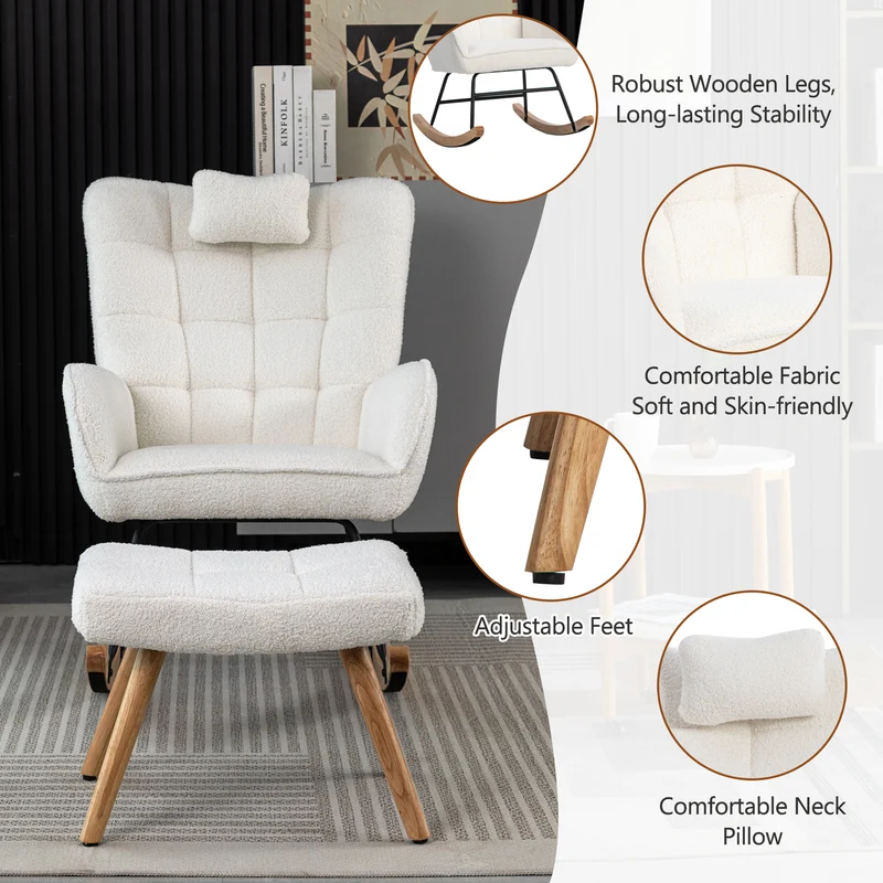 Fauteuil à bascule tissu bouclette blanc 1 oreiller et 1 repose-pieds KEVUINS
