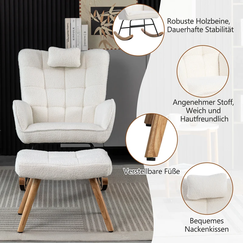 Fauteuil à bascule tissu bouclette blanc 1 oreiller et 1 repose-pieds KEVUINS