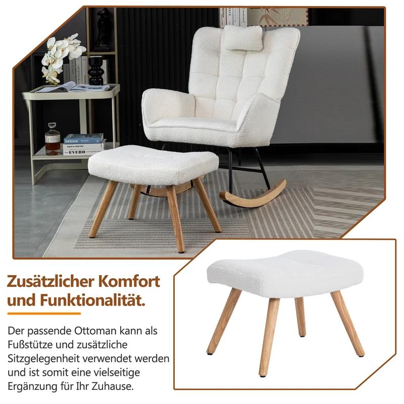 Fauteuil à bascule tissu bouclette blanc 1 oreiller et 1 repose-pieds KEVUINS