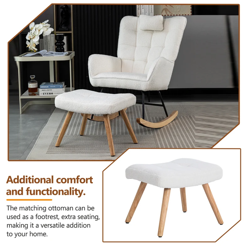 Fauteuil à bascule tissu bouclette blanc 1 oreiller et 1 repose-pieds KEVUINS