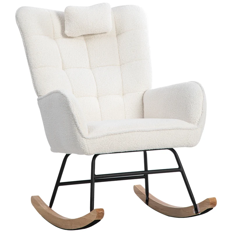Fauteuil à bascule tissu bouclette blanc 1 oreiller et 1 repose-pieds KEVUINS