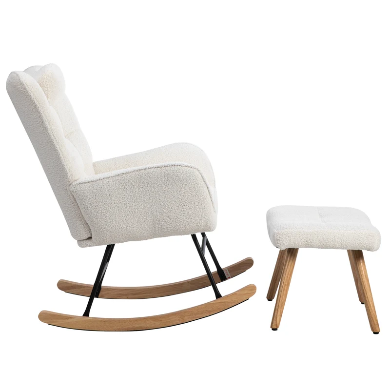 Fauteuil à bascule tissu bouclette blanc 1 oreiller et 1 repose-pieds KEVUINS