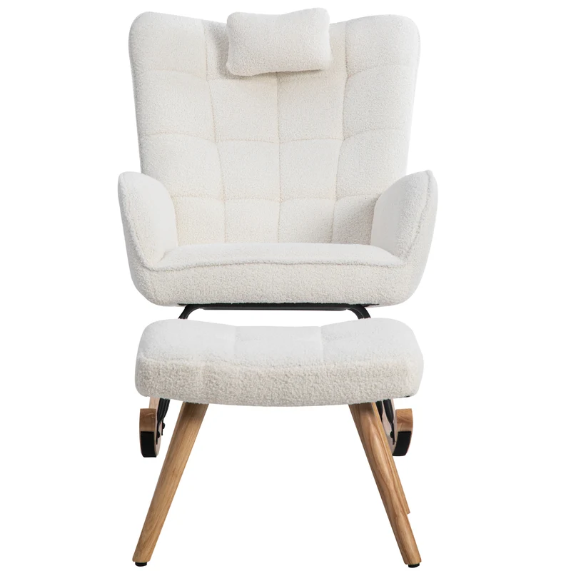 Fauteuil à bascule tissu bouclette blanc 1 oreiller et 1 repose-pieds KEVUINS
