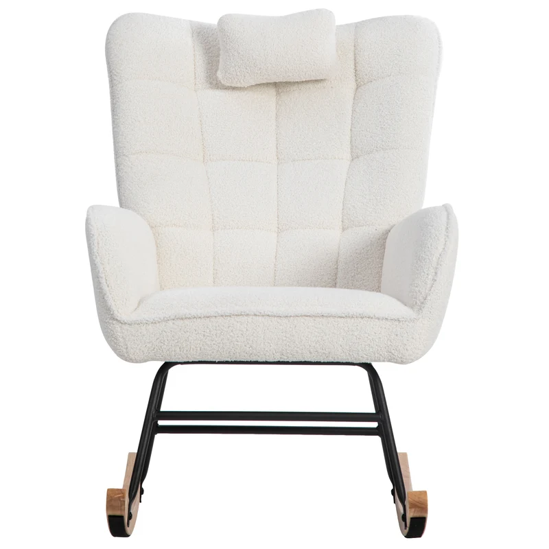 Fauteuil à bascule tissu bouclette blanc 1 oreiller et 1 repose-pieds KEVUINS
